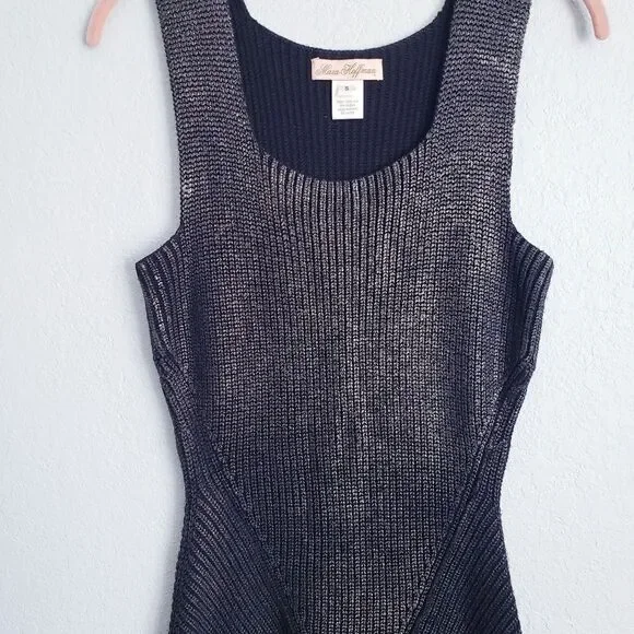 Mara Huffman Black Metallic Knit Ribbed Bodycon Dress with‎ Zipper Details